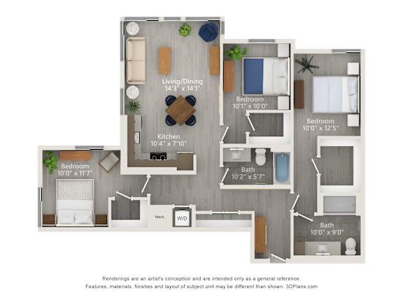 A 3D floor plan of a house with a living room, dining room, kitchen, and three bedrooms.
