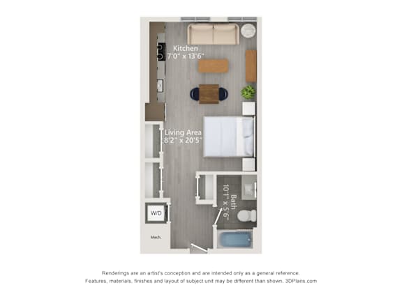 A floor plan of a kitchen and living area with dimensions and furniture layout.