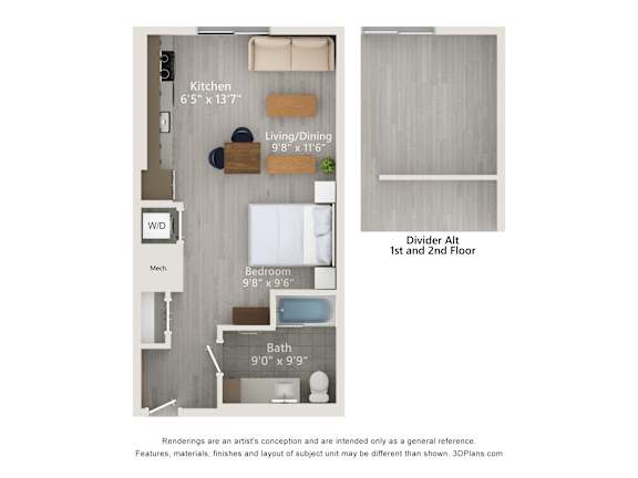 Floor Plan  A floor plan of a one bedroom apartment with a kitchen, living room and bathroom.
