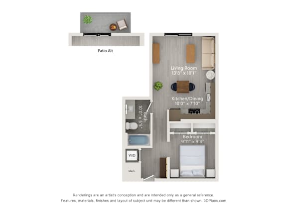 Floor Plan  A floor plan of a small apartment with a living room, kitchen, and bedroom.