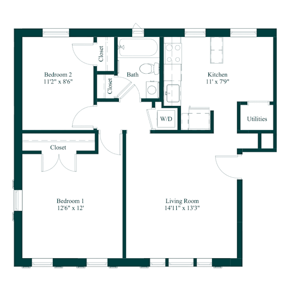 A floor plan of a house with labeled rooms and dimensions.