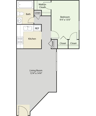 a floor plan of a studio apartment with a bedroom and a living room