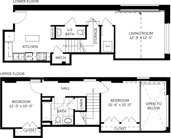 A black and white floor plan of a two-story house with labeled rooms and measurements.