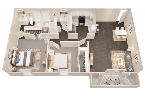 a 3d floor plan of a home with a bedroom and a living room