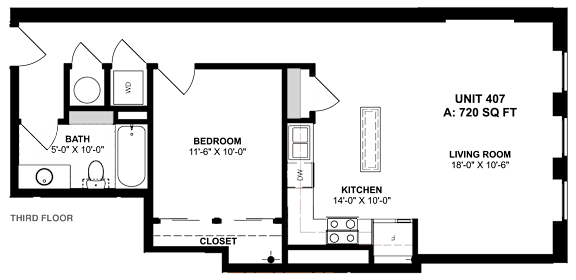 a floor plan of a small house with a kitchen and a living room