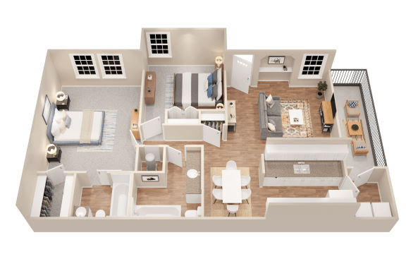 a 3d floor plan of a home with a bedroom and living room
