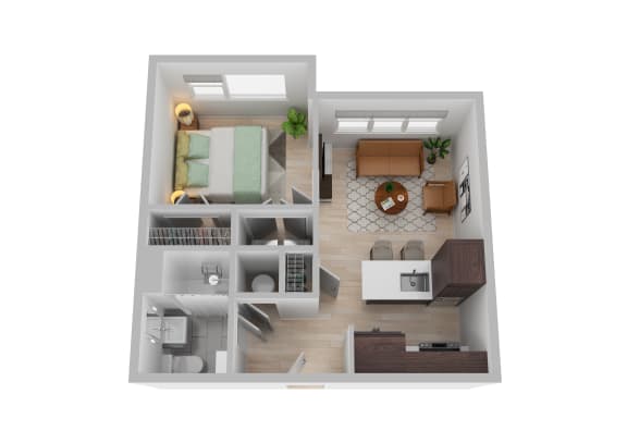 a stylized floor plan with a bedroom and living room