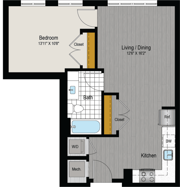 the floor plan of a bedroom apartment with a bathroom and a living room