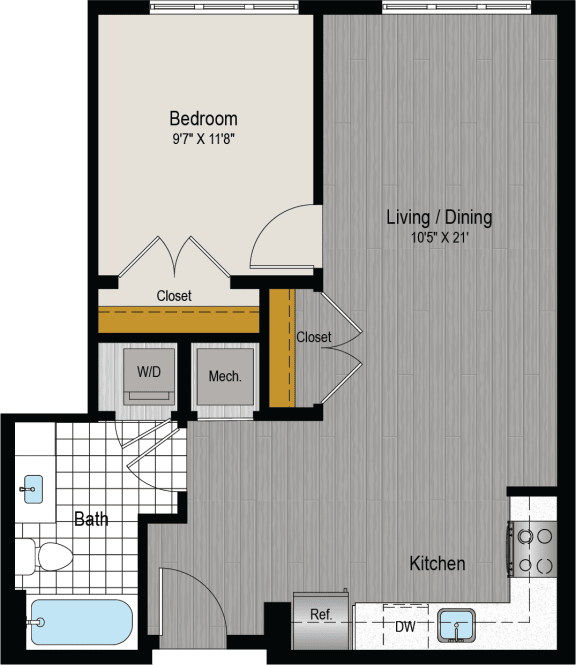 the floor plan of a bedroom apartment