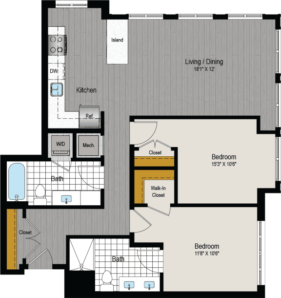 the floor plan of a bedroom apartment with a bathroom and a living room