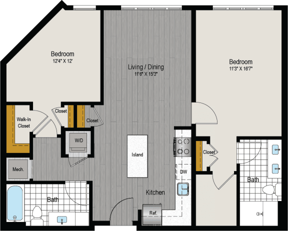 the floor plan of a bedroom apartment with a bathroom and a living room
