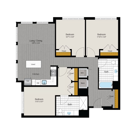 A floor plan of a house with three bedrooms, a living/dining area, kitchen, bathroom, and an island.