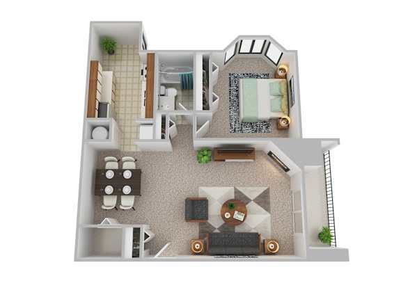 A 3D floor plan of a house with a kitchen, living room, dining room, and bathroom.