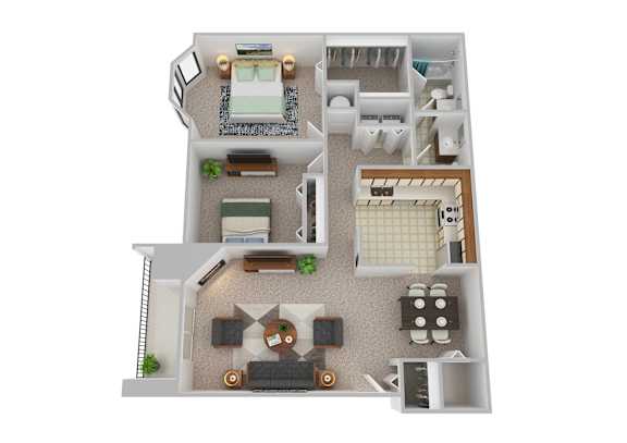 A 3D floor plan of a house with a living room, kitchen, and bathroom.