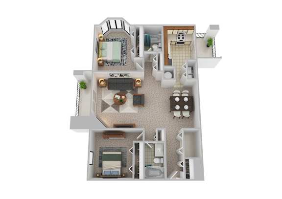 A 3D floor plan of a house with a kitchen, living room, and bathroom.