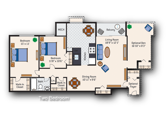a floor plan of a house with two bedrooms and a living room