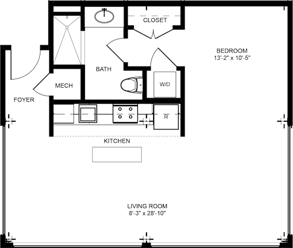 A floor plan of a small apartment with a living room, kitchen, bathroom, and bedroom.
