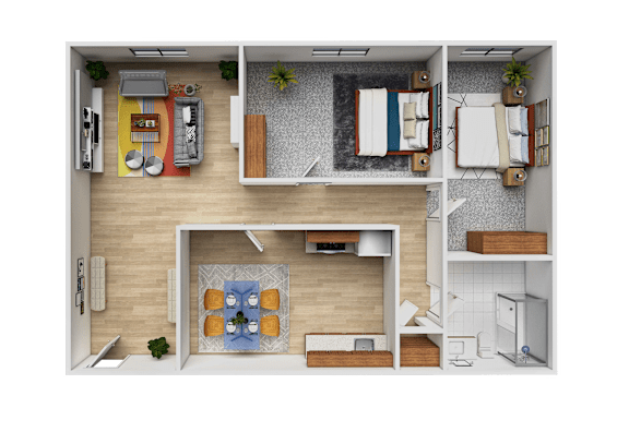 A top-down view of a small apartment with a kitchen, living room, and bathroom.