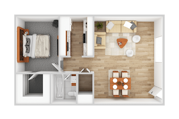a 3d rendering of a bedroom with a living room and a dining room