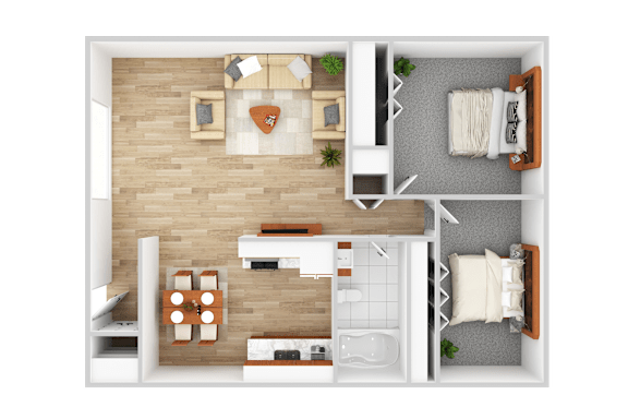 a 3d rendering of a bedroom and living room with a wood floor