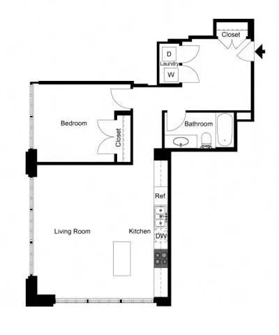 Floor Plan  a black and white floor plan with a kitchen and a living room
