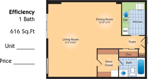 Floor Plan  Studio - 616 SqFt (Renovated)