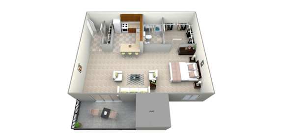 A 3D floor plan of a house with a kitchen, living room, and two bedrooms.