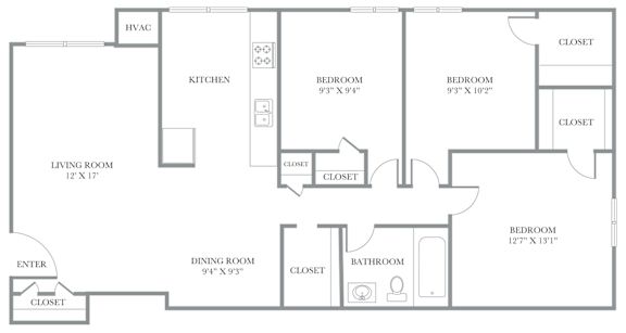 A floor plan of a house with a living room, dining room, kitchen, and four bedrooms.