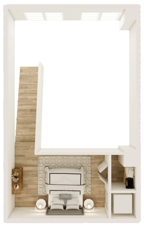 a view from above of a living room with a fireplace