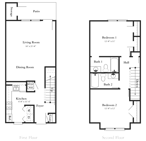A floor plan of a two-story house with a living room, dining room, kitchen, two bathrooms, and two bedrooms.