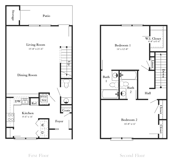 A floor plan of a two-story house with a living room, dining room, kitchen, two bedrooms, a bathroom, and a patio.