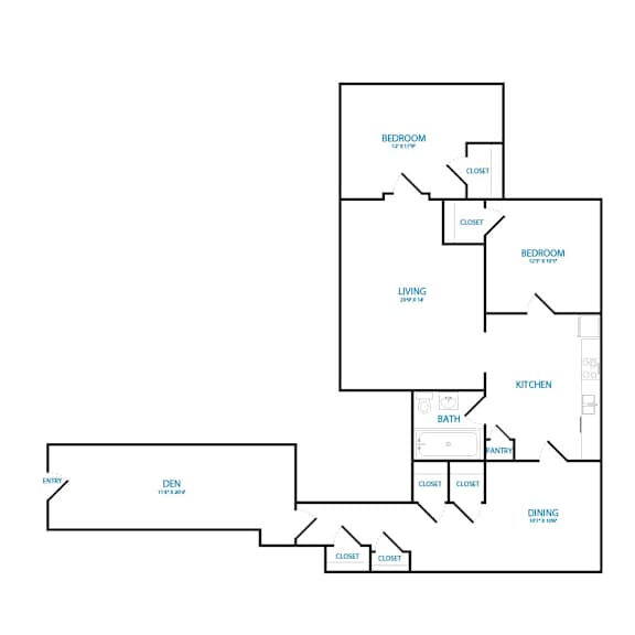A floor plan of a house with two bedrooms, a living room, a kitchen, a bathroom, a den, and a dining area.