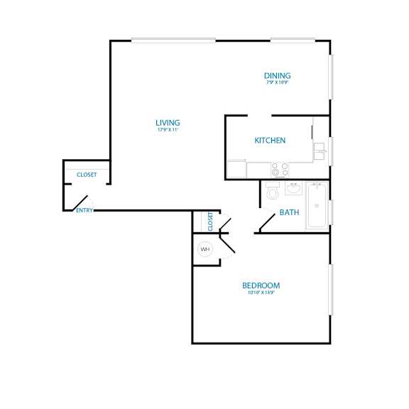 A floor plan of a house with a living room, kitchen, dining room, bathroom and bedroom.