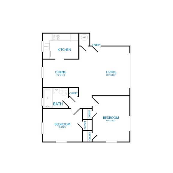 A floor plan of a house with a kitchen, two bedrooms, a bath, a dining area, and a living area.