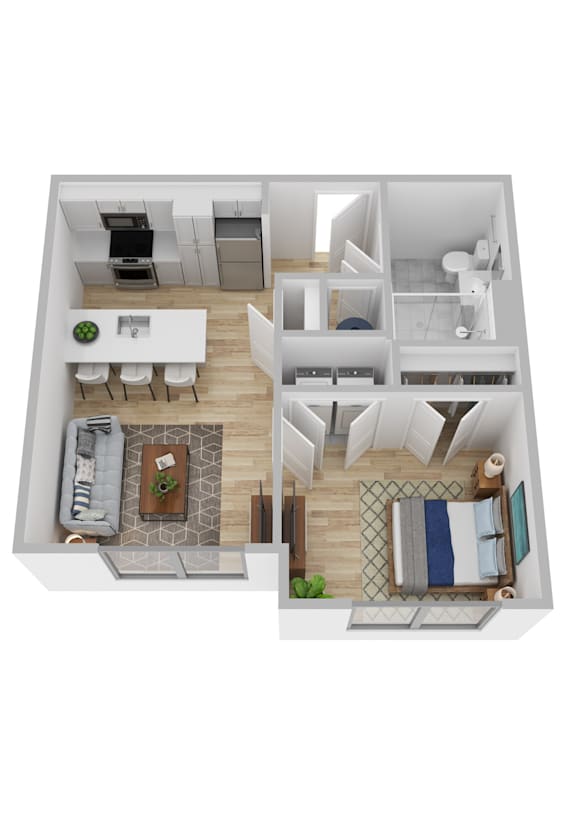 A top down view of a small apartment with a living room, kitchen, and bedroom.