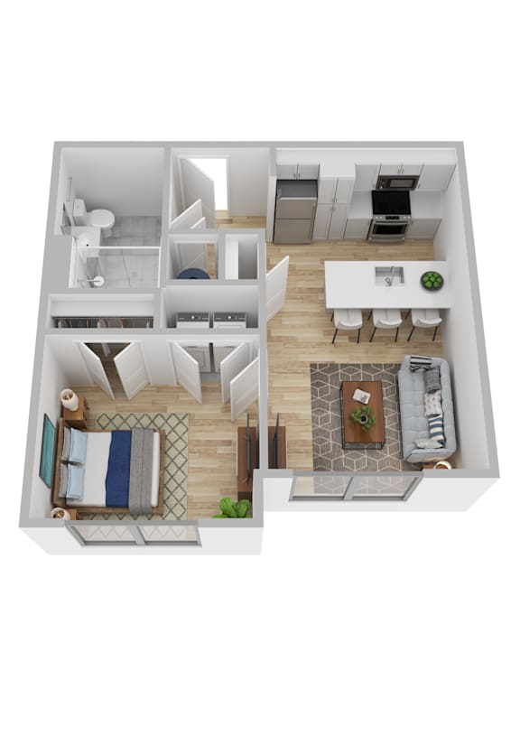 A top down view of a modern apartment with a living room, kitchen, and dining area.