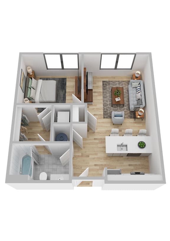 A 3D floor plan of a house with a kitchen, living room, and bathroom.