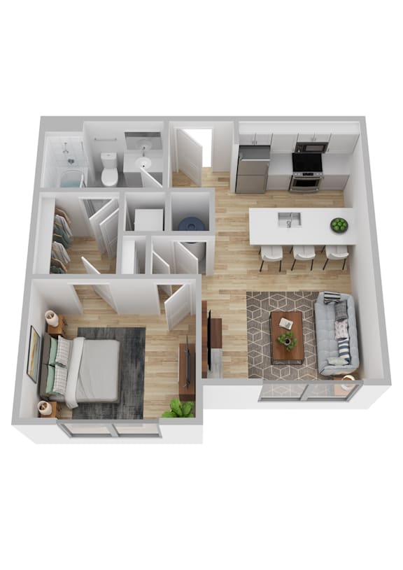 A top-down view of a modern apartment layout.
