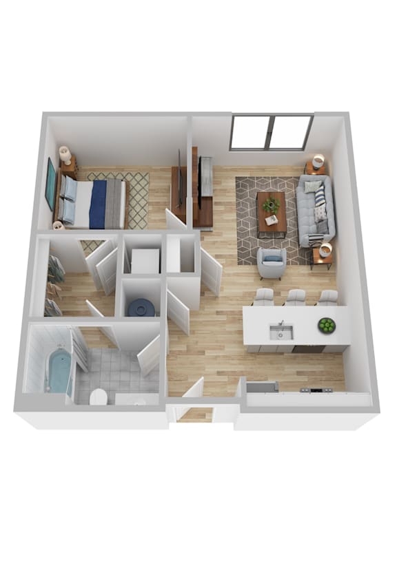 A top-down view of a small apartment with a kitchen, living room, and bathroom.