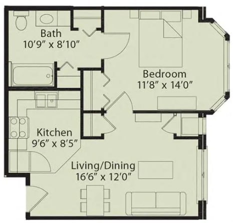 1 Bedroom 1 Bath 2D Floorplan Type 2 -Senior Living at University Place Apartments, Memphis, TN 38104