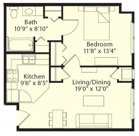1 Bedroom 1 Bath 2D Floorplan Type 3-Senior Living at University Place Apartments, Memphis, TN 38104