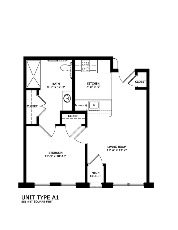 1 bedroom 1 bath Unit A1 2D floorplan-Legacy Senior Apartments Pittsburgh