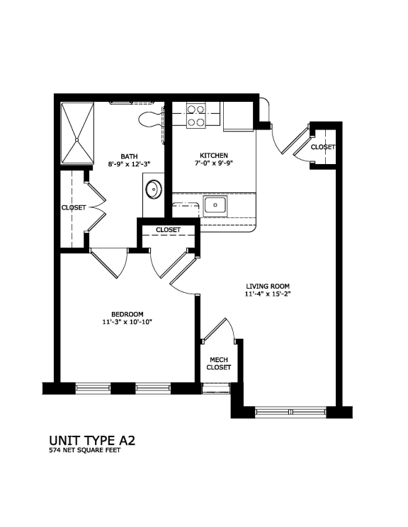 1 bedroom 1 bath Unit A2 2D floorplan-Legacy Senior Apartments Pittsburgh