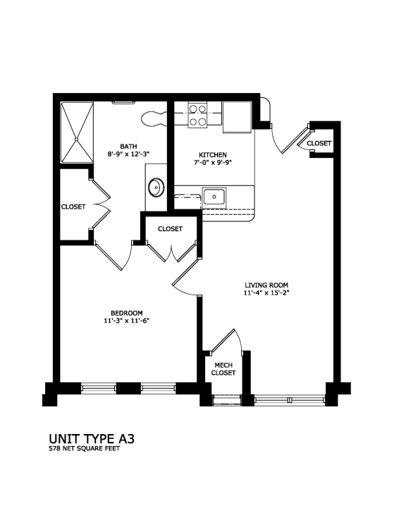 1 bedroom 1 bath Unit A3 2D floorplan-Legacy Senior Apartments Pittsburgh