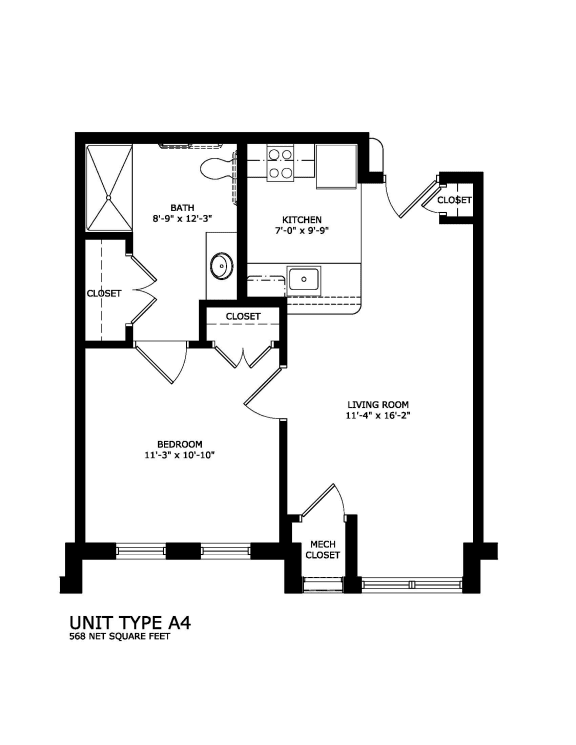 1 bedroom 1 bath Unit A4 2D floorplan-Legacy Senior Apartments Pittsburgh