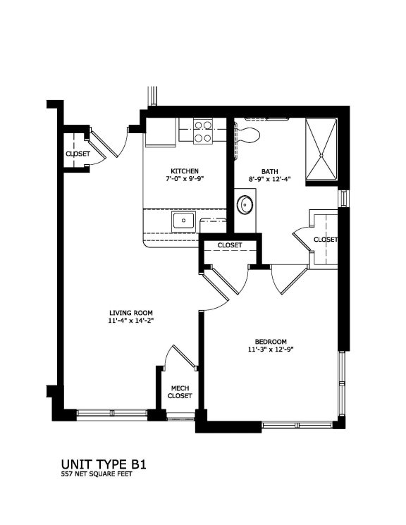 1 bedroom 1 bath Unit B1 2D floorplan-Legacy Senior Apartments Pittsburgh