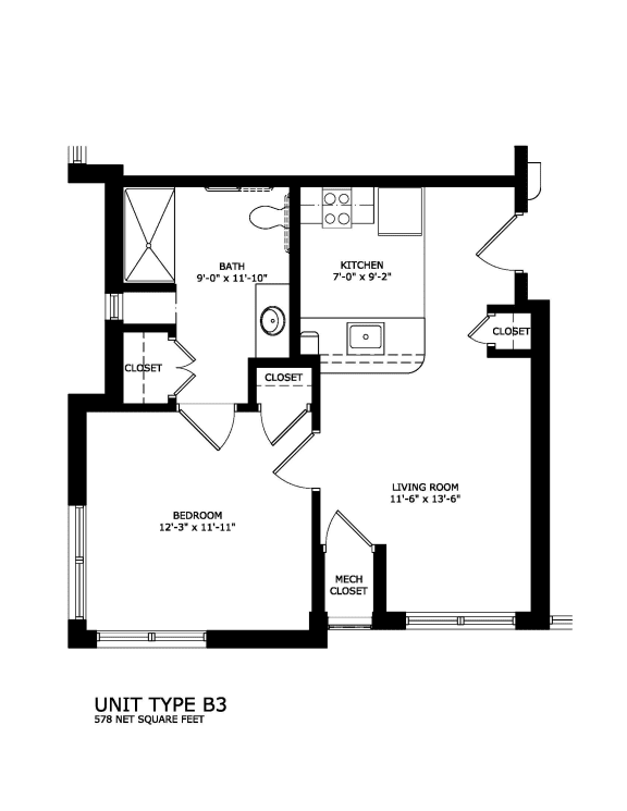 1 bedroom 1 bath Unit 2D B3 floorplan-Legacy Senior Apartments Pittsburgh