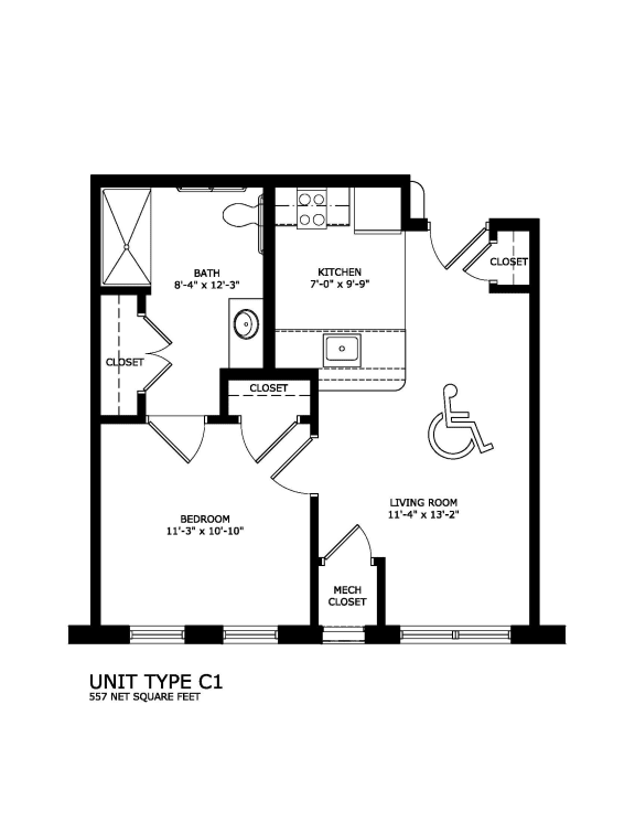 1 bedroom 1 bath Unit 2D C1 floorplan-Legacy Senior Apartments Pittsburgh