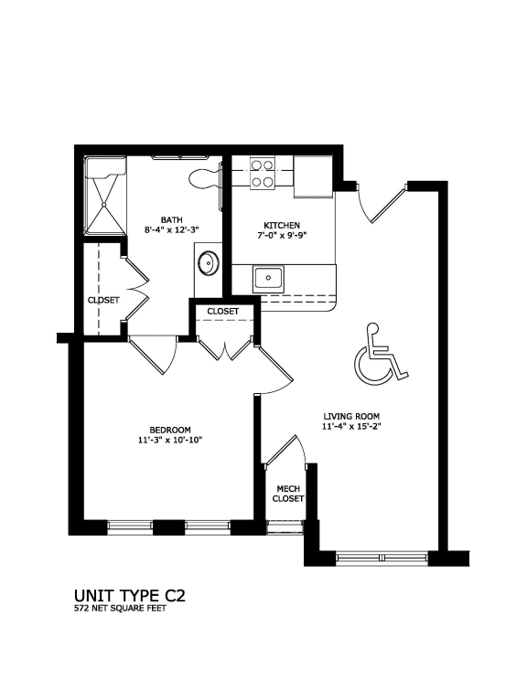 1 bedroom 1 bath Unit 2DC2 floorplan-Legacy Senior Apartments Pittsburgh