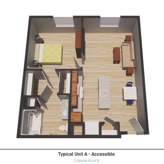 1 bedroom Type A, 3D Floorplan Rendering